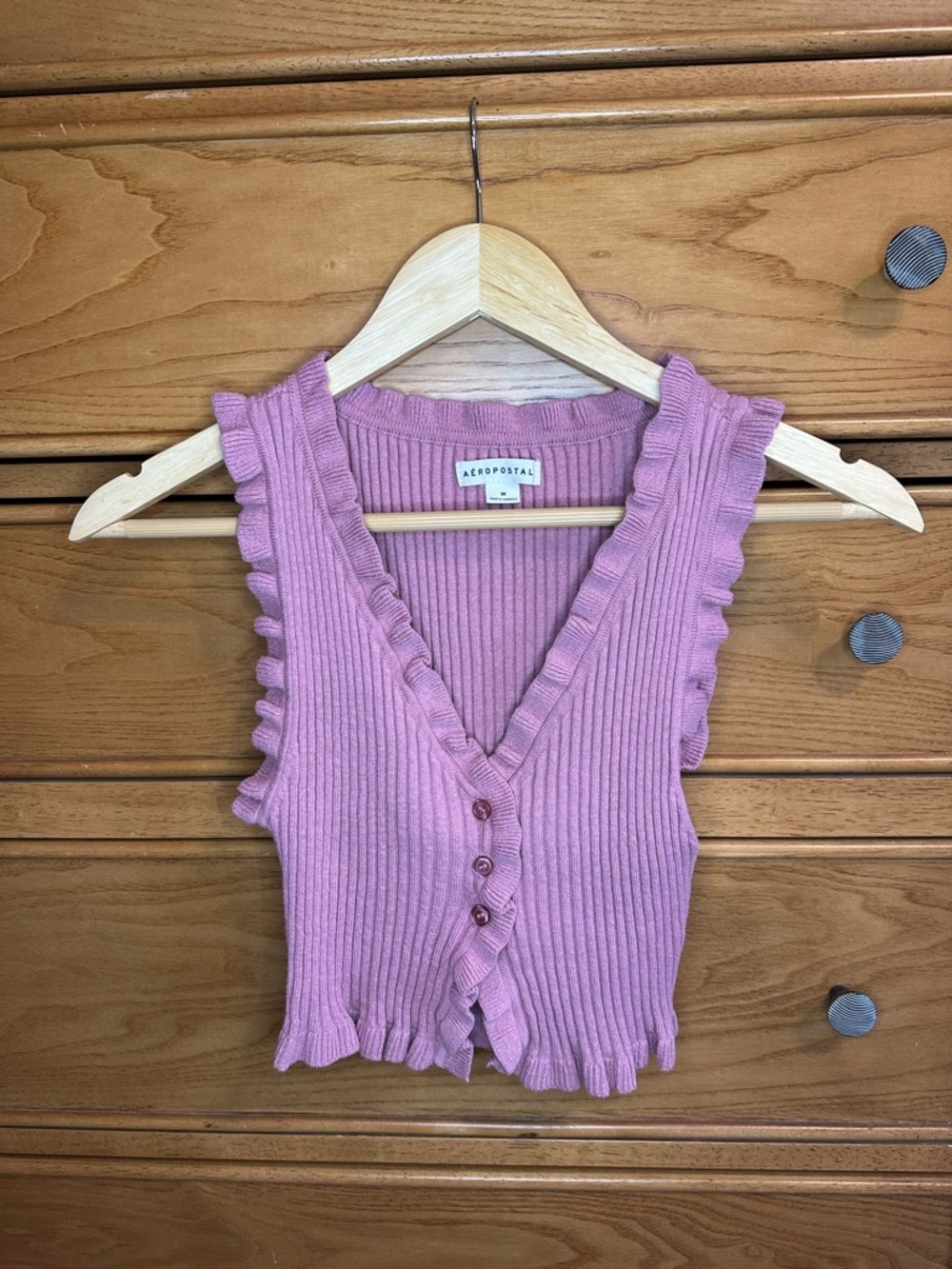 Aéropostale Pink Ribbed Ruffle Button Crop Top Womens Medium Babydoll Dainty